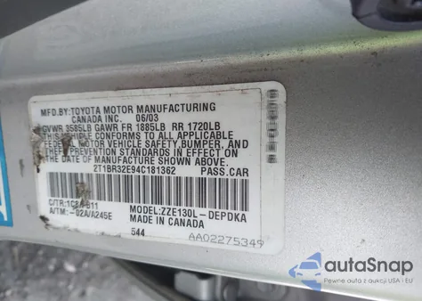 2004 Toyota Corolla Ce из США, поврежденный, VIN 2T1BR32E94C181362